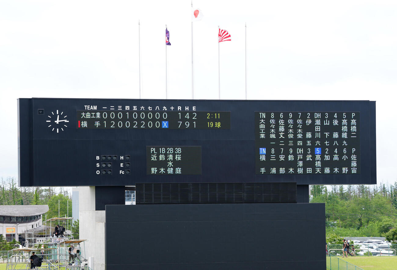 全国高校野球秋田大会決勝、大曲工－横手戦のスコアボード（撮影・江口和貴）