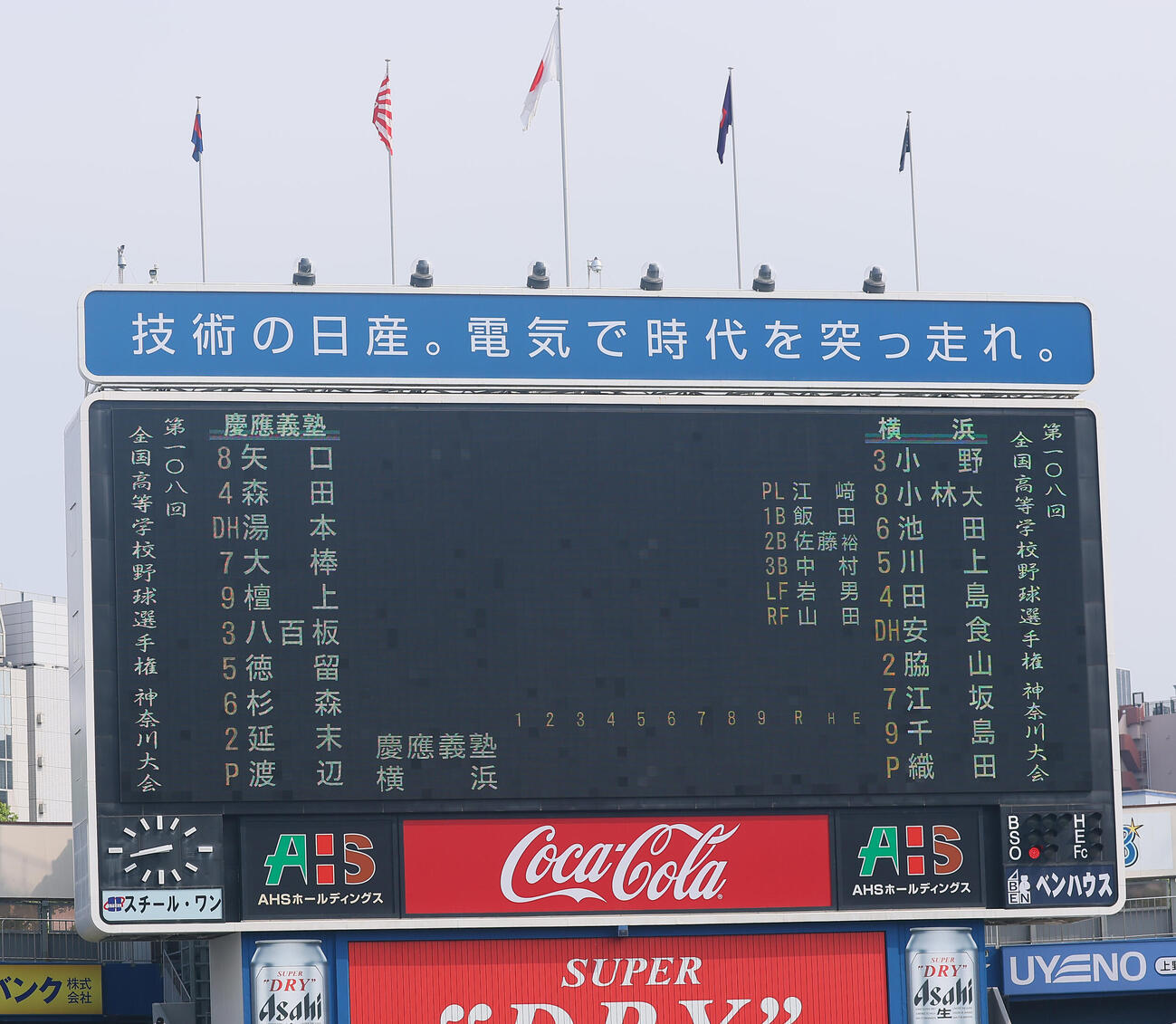 慶応対横浜　　発表された両軍先発メンバー（撮影・水谷安孝）