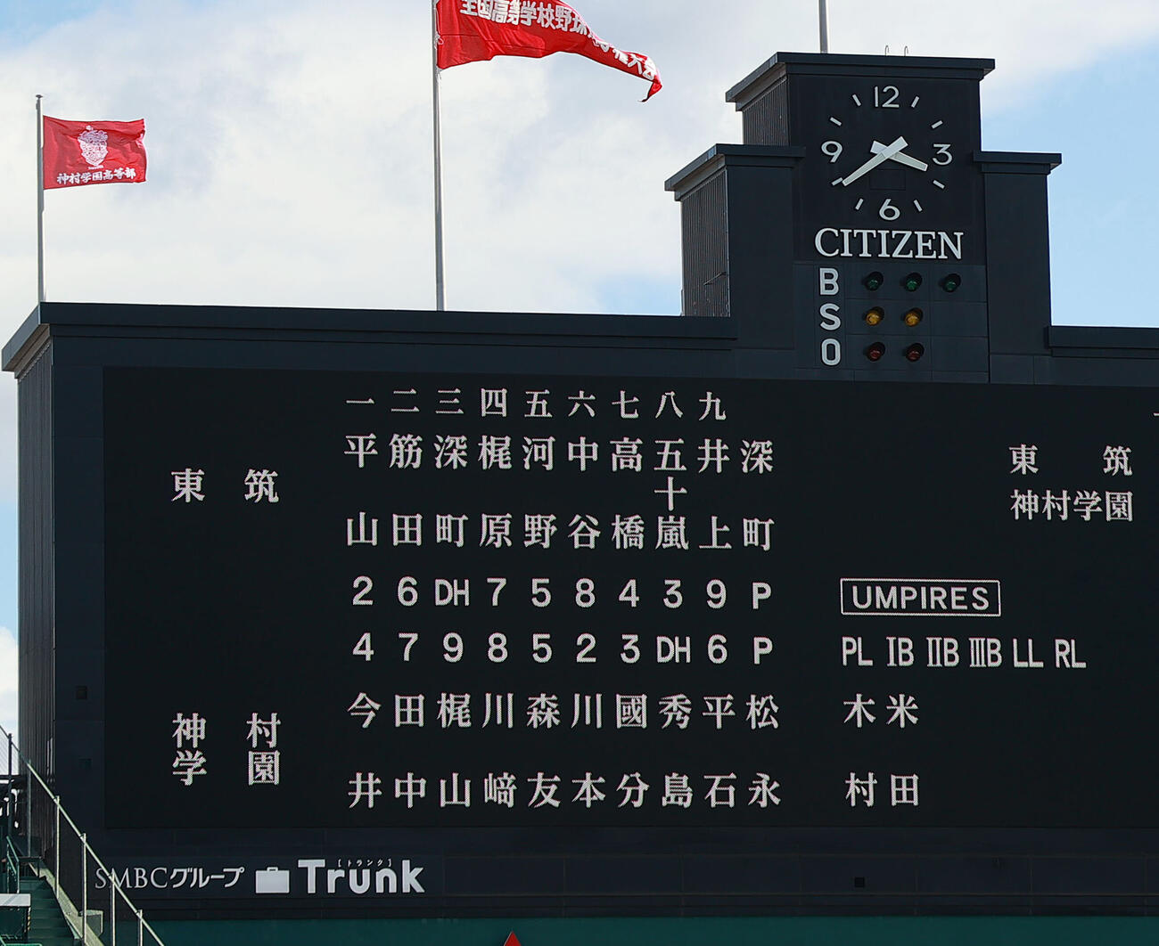 東筑対神村学園　両チームのスタメン（撮影・上山淳一）