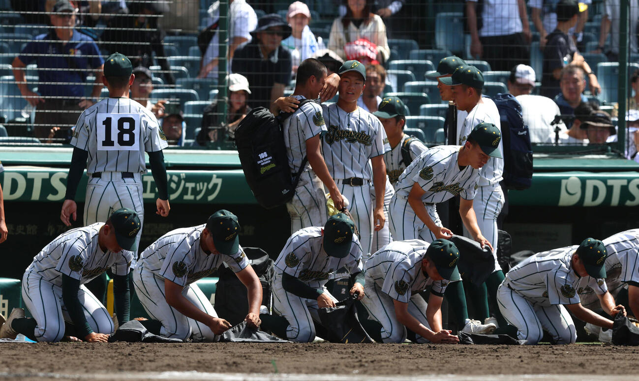 鶴岡東対東海大甲府　東海大甲府に敗れ甲子園の土を集める鶴岡東ナイン（撮影・白石智彦）