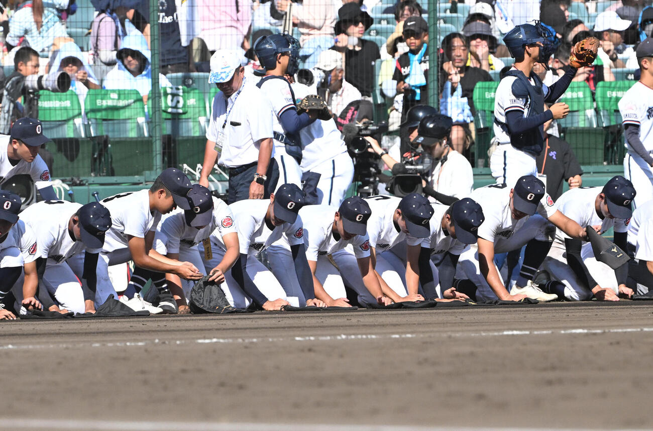 横浜対沖縄尚学　甲子園の土を集める沖縄尚学ナイン（撮影・石井愛子）