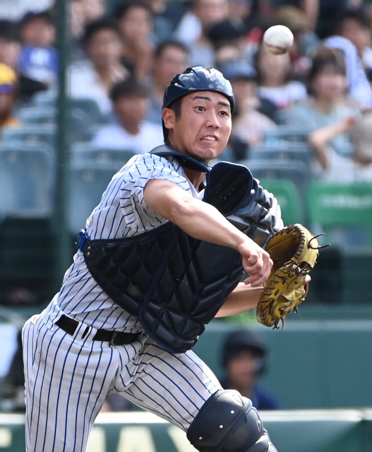 明徳義塾対日南学園　5回裏日南学園1死一塁、荒木未星の捕ゴロを一塁へ送球する里山楓馬（撮影・石井愛子）