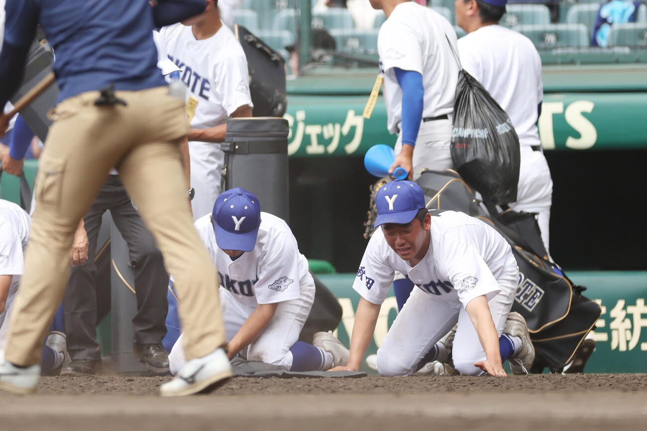 敦賀気比対横手　敦賀気比に敗れ、甲子園球場の砂を集める佐藤宙斗（右）ら横手の選手たち（撮影・河田真司）