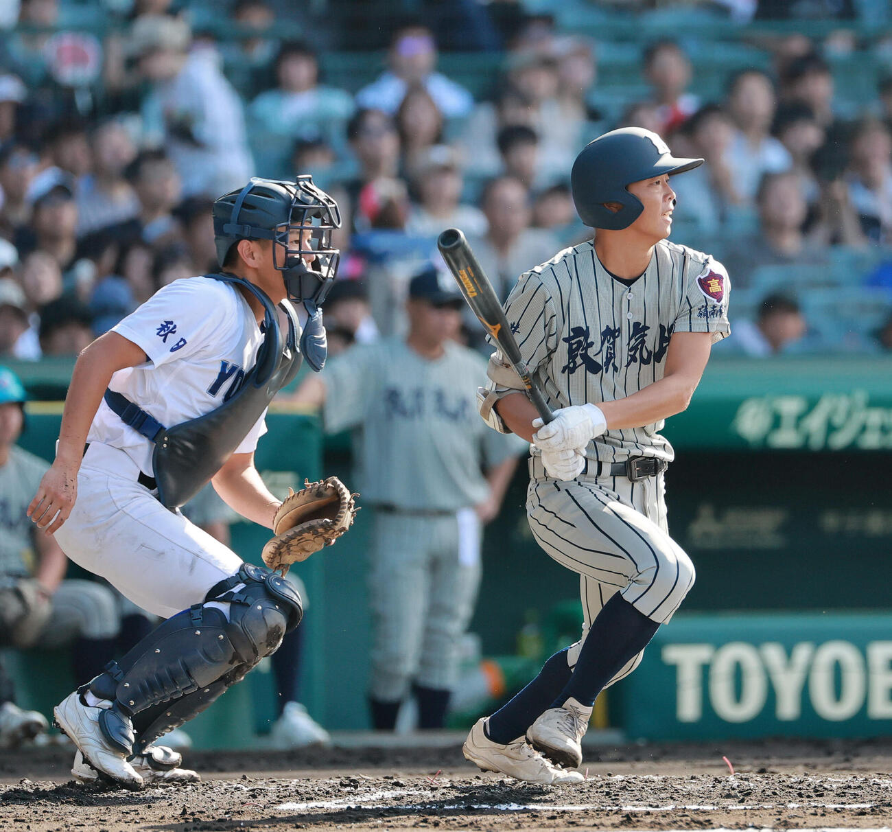 敦賀気比対横手　1回表敦賀気比2死一、三塁、後藤駿平は適時打を放つ（撮影・上山淳一）
