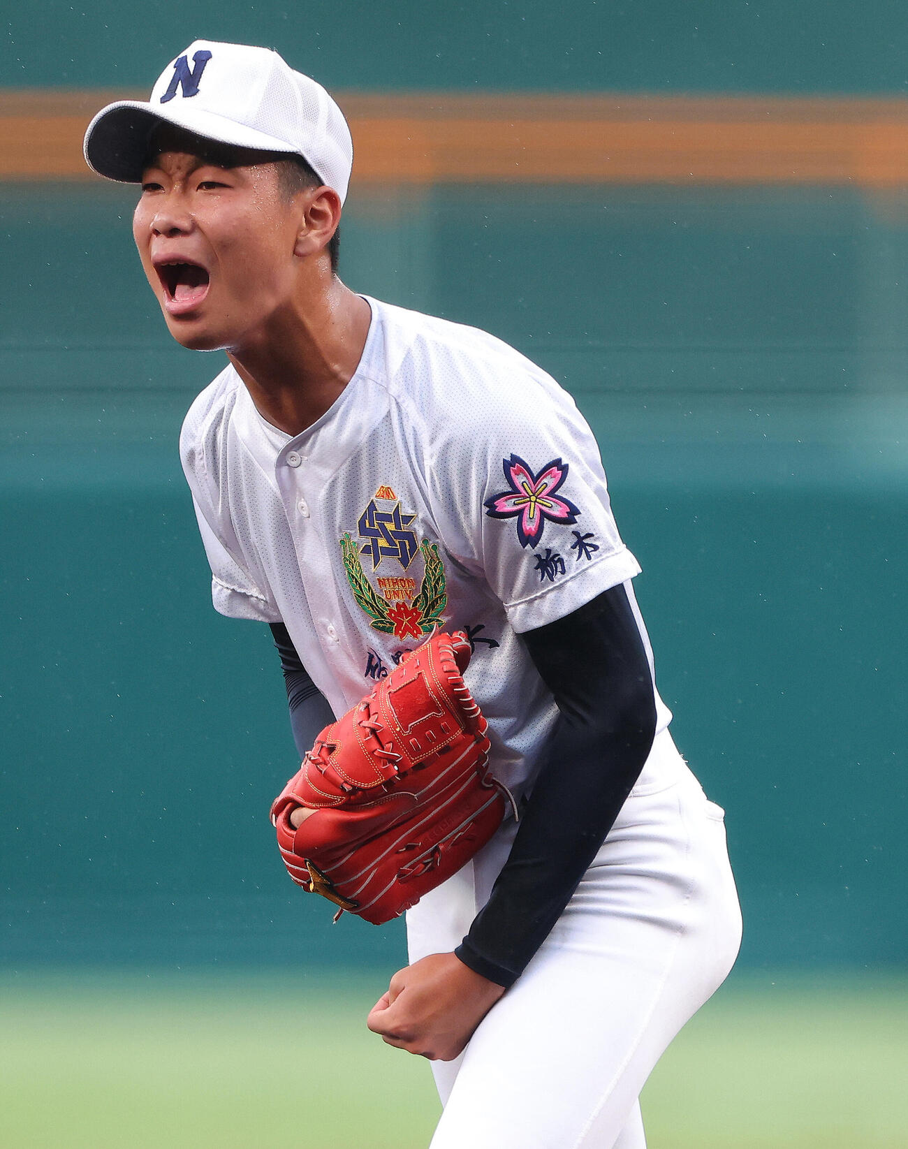 佐野日大対神村学園　2回裏神村学園2死満塁、中村盛汰を空振り三振に抑え雄たけびを上げる佐野日大・沖崎翼（撮影・河田真司）