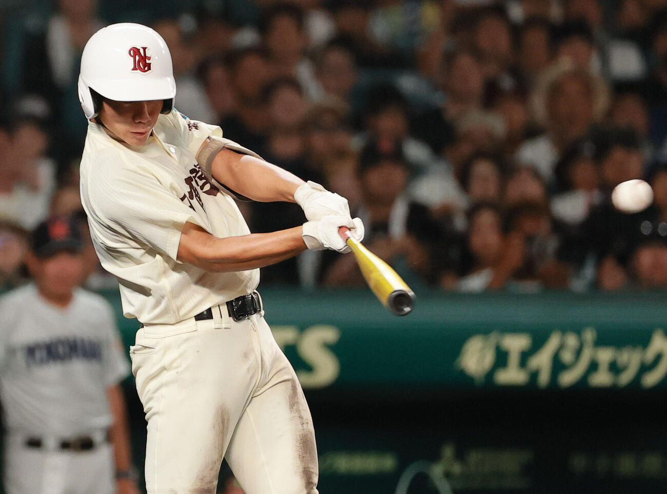 横浜対日南学園　4回裏日南学園1死三塁、下川源次は中前適時打を放つ（撮影・上山淳一）