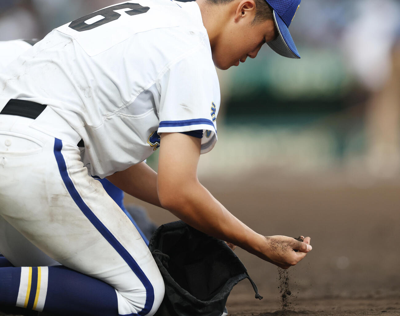 横浜対霞ケ浦　横浜に敗れ、甲子園の砂を集める霞ケ浦の選手たち（撮影・河田真司）
