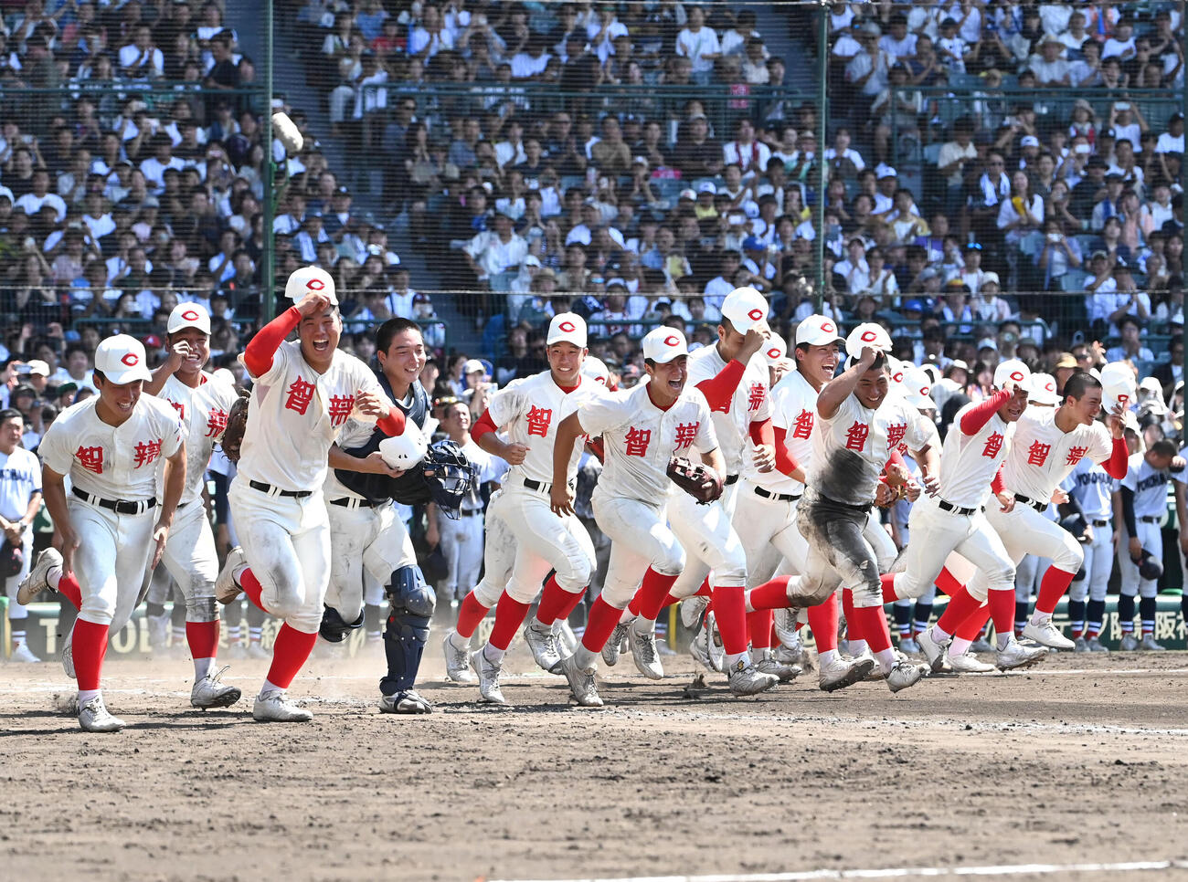 横浜対智弁和歌山　横浜に勝利しアルプスに駆け出す智弁和歌山ナイン（撮影・石井愛子）