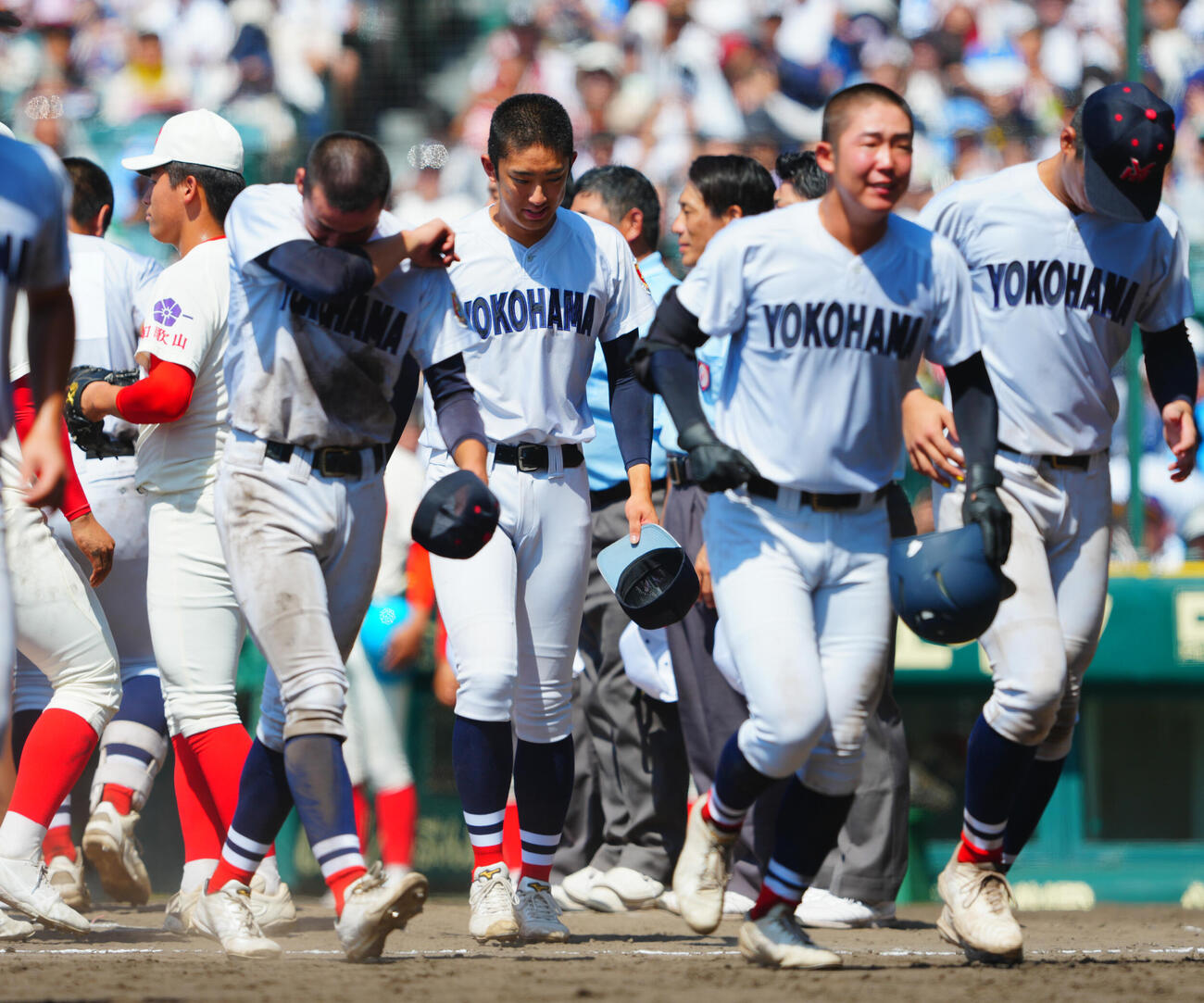 横浜対智弁和歌山　試合に敗れ涙を流す横浜・織田翔希（中央左）（撮影・垰建太）
