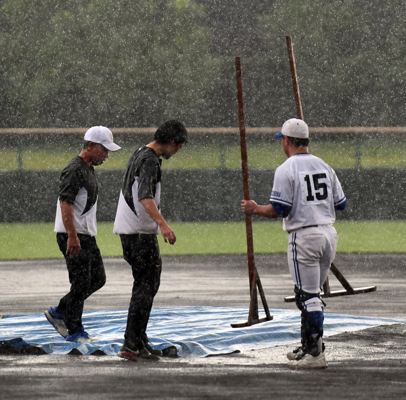 大粒の雨が降る中、マウンドにシートをかぶせる大会関係者