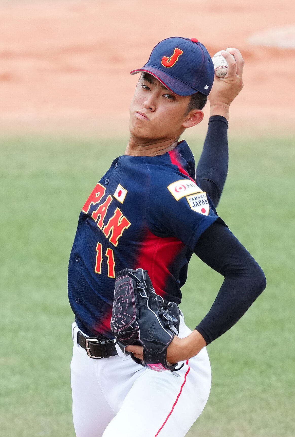 高校日本代表対明大　2回1安打無失点と好投した高校日本代表先発の織田翔希（撮影・江口和貴）