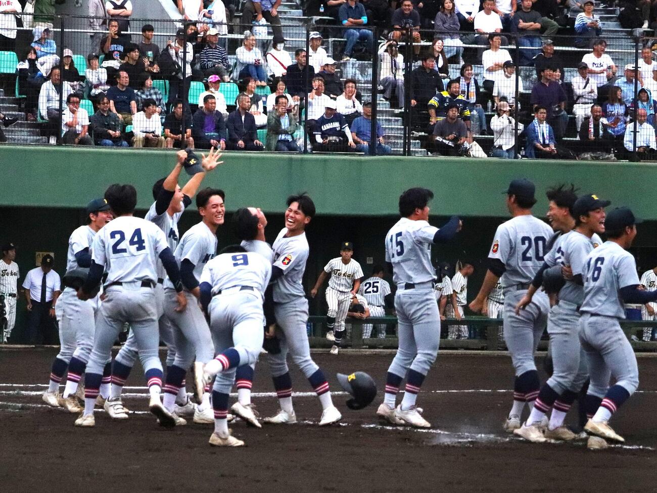 東海大相模対慶応　延長10回タイブレーク、2死満塁からサヨナラ勝利を決め歓喜に沸く慶応の選手たち（撮影・保坂淑子）