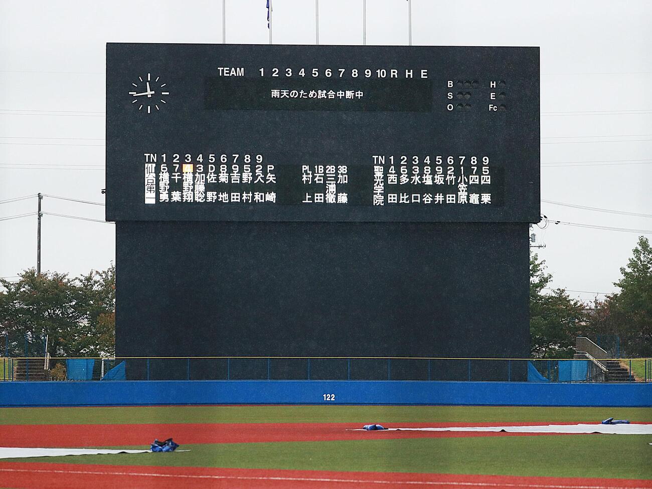 聖光学院対仙台一の雨天中断を知らせるスコアボード