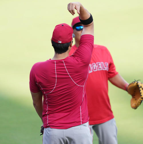 練習するエンゼルス大谷は、突然スタンドに後ろ向きにボールを投げ入れる（撮影・菅敏）