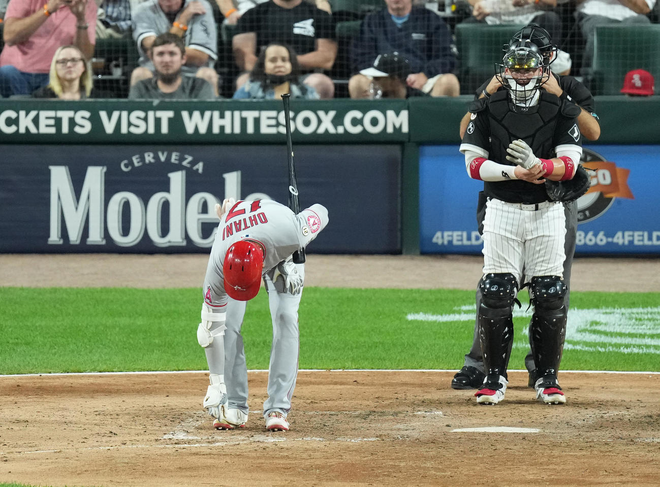 15日のホワイトソックス戦で打席に入ったエンゼルス大谷は、バッターボックスをきれいにするエンゼルス大谷撮影・菅敏）