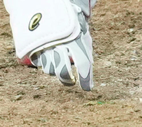 14日のホワイトソックスで打席に入ったエンゼルス大谷は、何かを見つけ取り除く。何だろうそれ？よーーー見てみると緑色の！あっ、芝生だ！（撮影・菅敏）