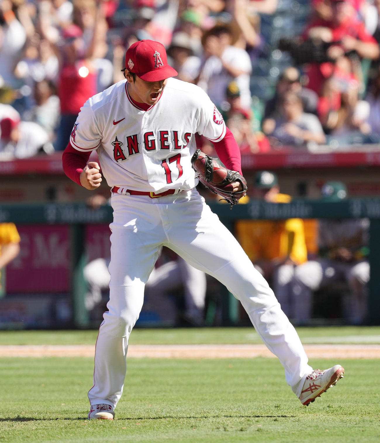 19日のアスレチックス戦の8回2死満塁、チャプマンを三振に仕留め、迫力満点のガッツポーズを見せるエンゼルス大谷（撮影・菅敏）