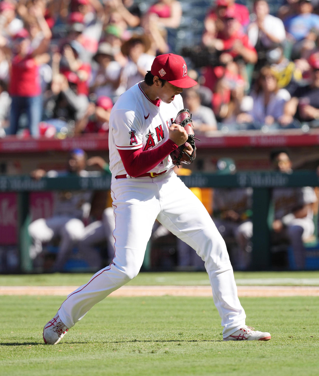 19日のアスレチックス戦の8回2死満塁、チャプマンを三振に仕留め、迫力満点のガッツポーズを見せるエンゼルス大谷（撮影・菅敏）