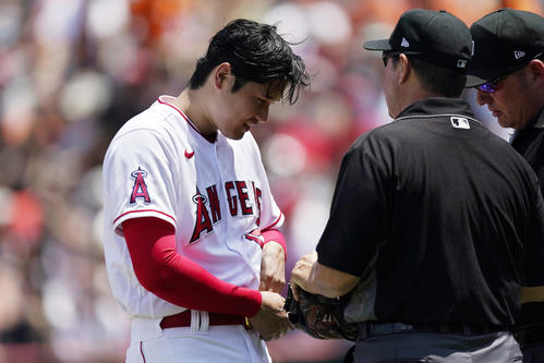 審判団からチェックを受ける大谷（AP）