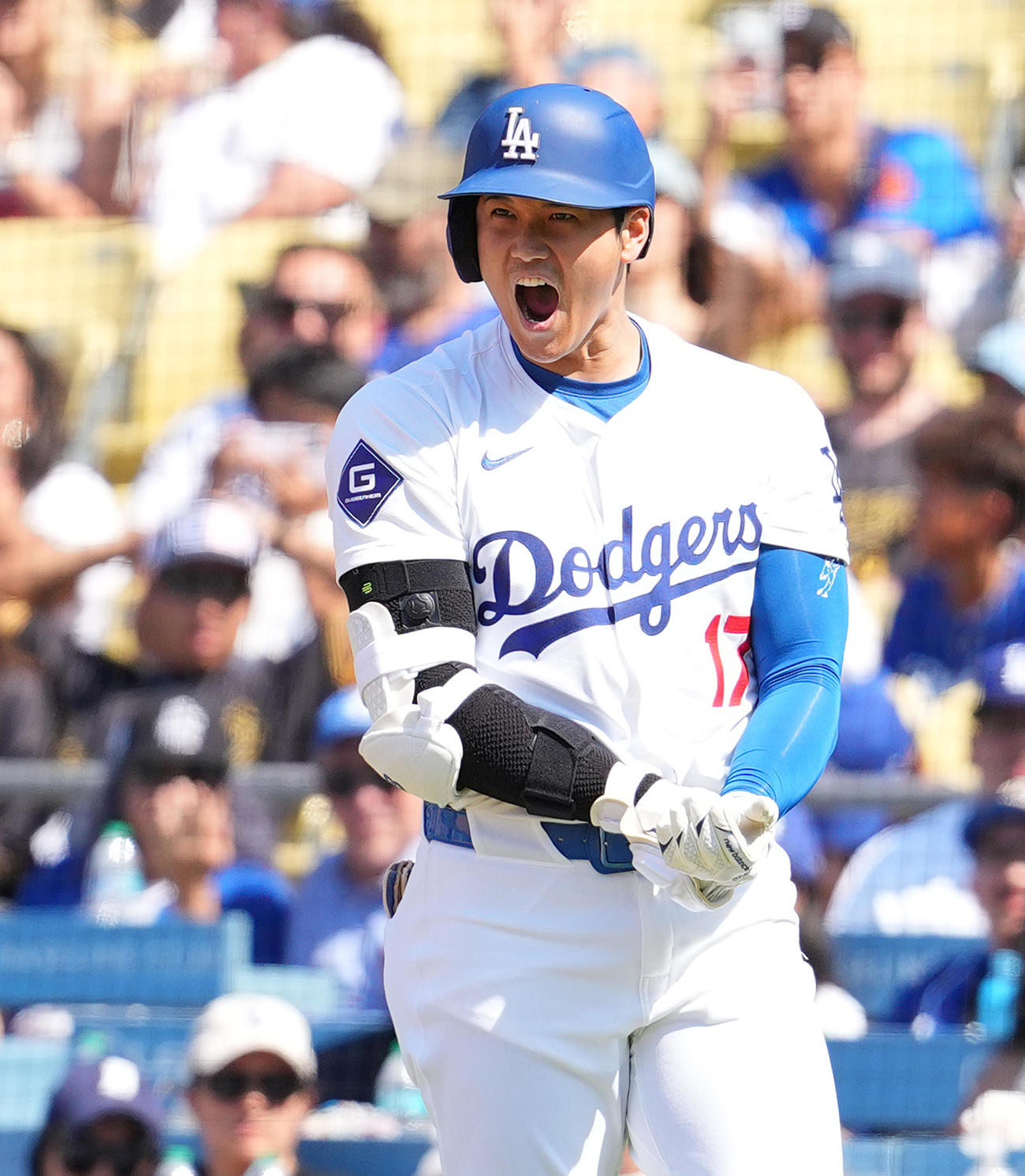 ドジャース対レイズ　8回裏ドジャース無死、左手に死球を受け、投手をにらみつけながら叫ぶ大谷＝2024年8月25日