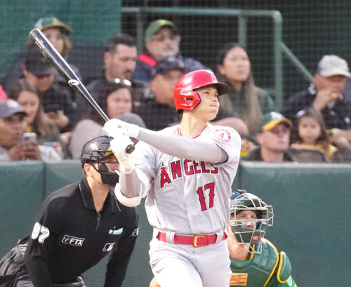 14日、メジャー通算100号を放った大谷翔平（撮影・江口和貴）
