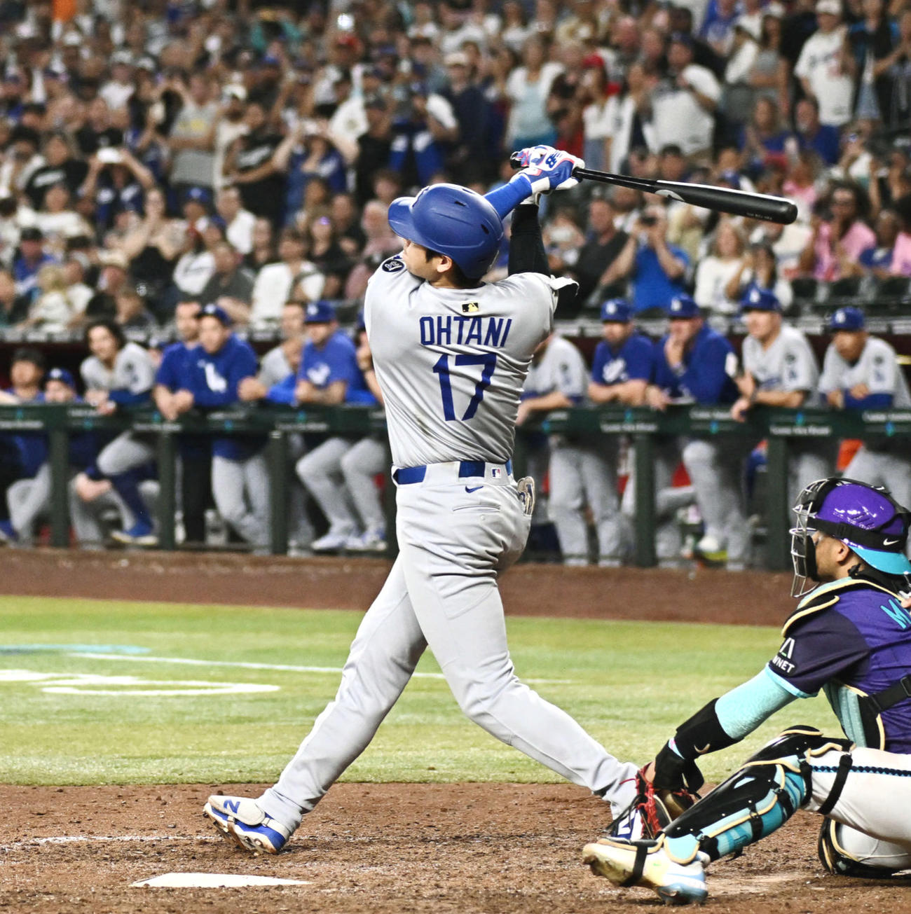 9日、ダイヤモンドバックス戦の9回に12号3ランを放ったドジャース大谷翔平