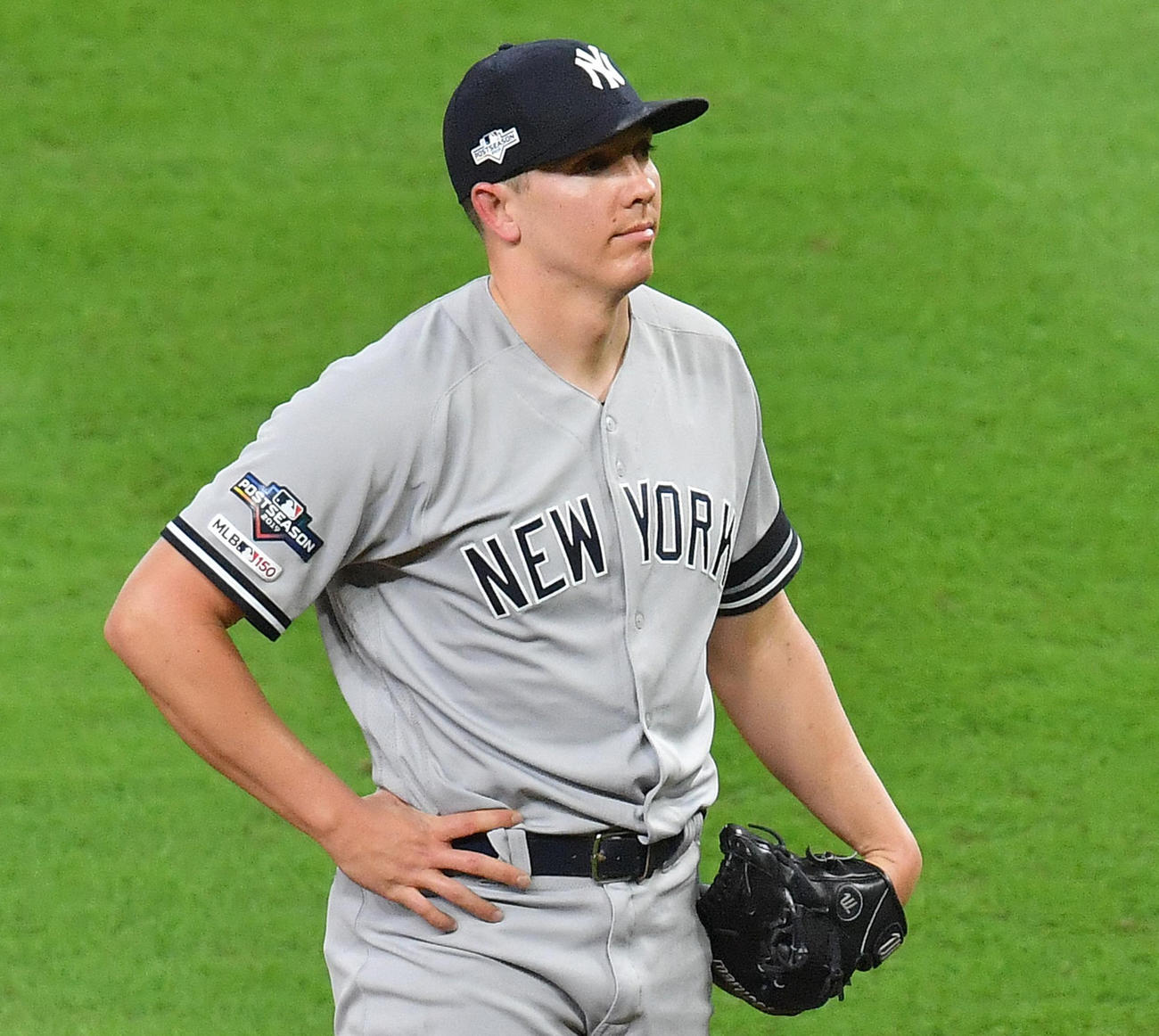 ヤンキースのチャド・グリーン投手（19年10月、撮影・菅敏）