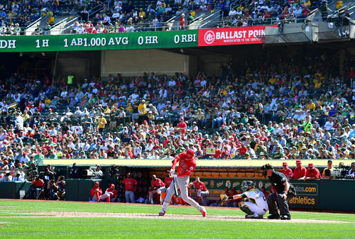 アスレチックス対エンゼルス　４回表エンゼルス２死、第２打席は二ゴロに倒れる大谷（撮影・清水貴仁）