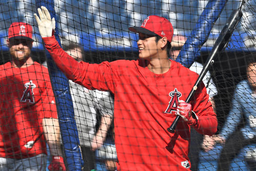 打撃練習中に笑顔を見せるエンゼルス大谷（撮影・菅敏）