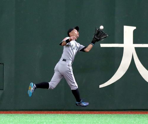巨人対マリナーズ 1回裏巨人1死、坂本勇の打球を捕球するイチロー(撮影・黒川智章)