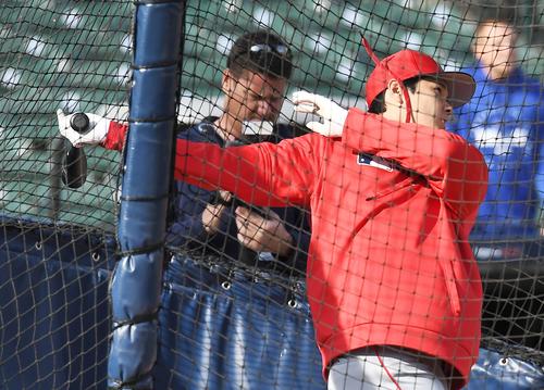 タイガース対エンゼルス　試合前、フリー打撃をするエンゼルス大谷（撮影・菅敏）