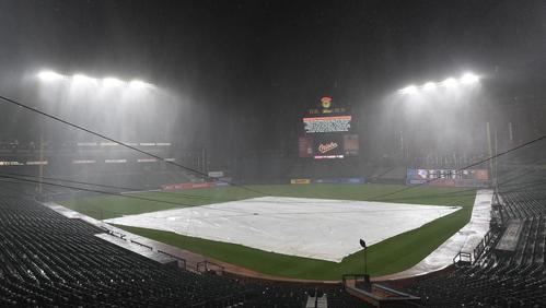 オリオールズ対エンゼルス戦の7回、突然の雨で中断（撮影・菅敏）