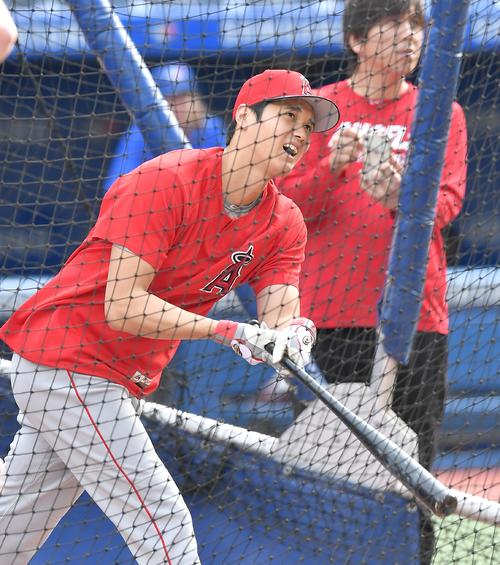 ブルージェイズ対エンゼルス　試合前、フリー打撃をするエンゼルス大谷（撮影・菅敏）