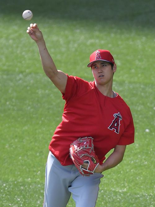 ブルージェイズ対エンゼルス　試合前、キャッチボールをするエンゼルス大谷（撮影・菅敏）