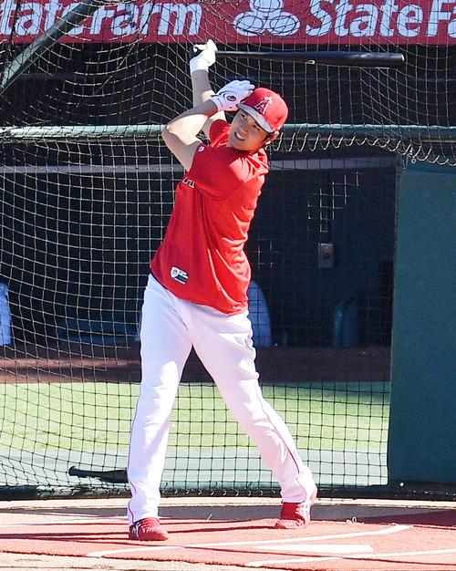 エンゼルス対パイレーツ 試合前、フリー打撃をするエンゼルス大谷(撮影・菅敏)