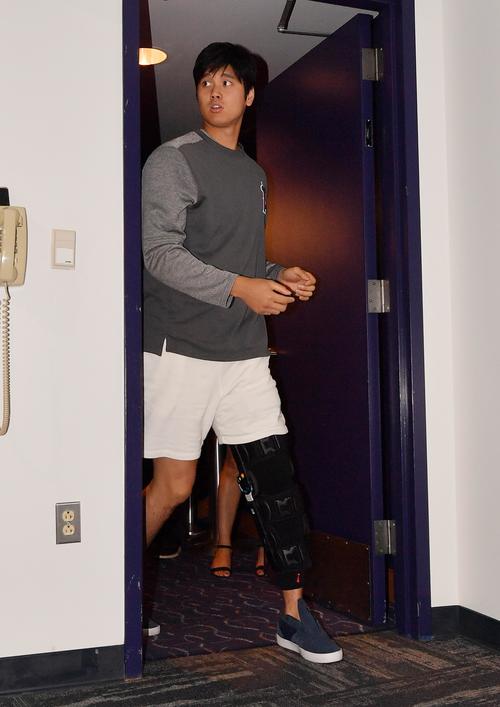 左ひざ手術後、初めて会見するエンゼルス大谷は、医療器具を左足に着けて会場に入る（撮影・菅敏）
