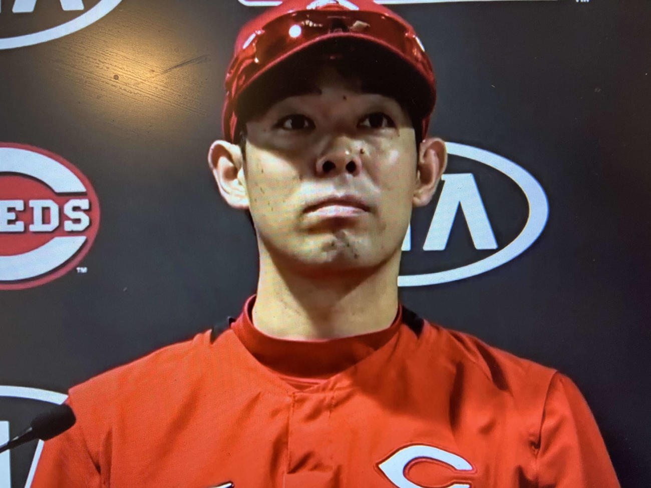 レッズ秋山は、本拠地シンシナティからリモート会見に応じる