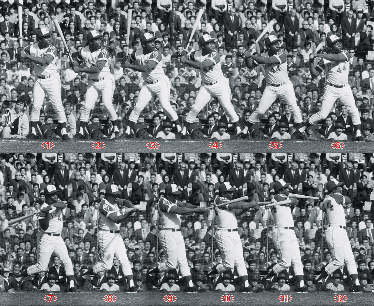74年、日米野球で来日した時のハンク・アーロン氏のバッティング（連続写真）