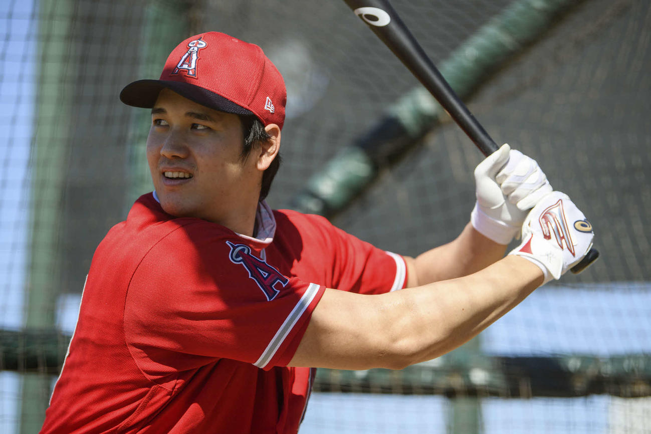 今キャンプで初めて屋外でフリー打撃を行った大谷（Angels Baseball)