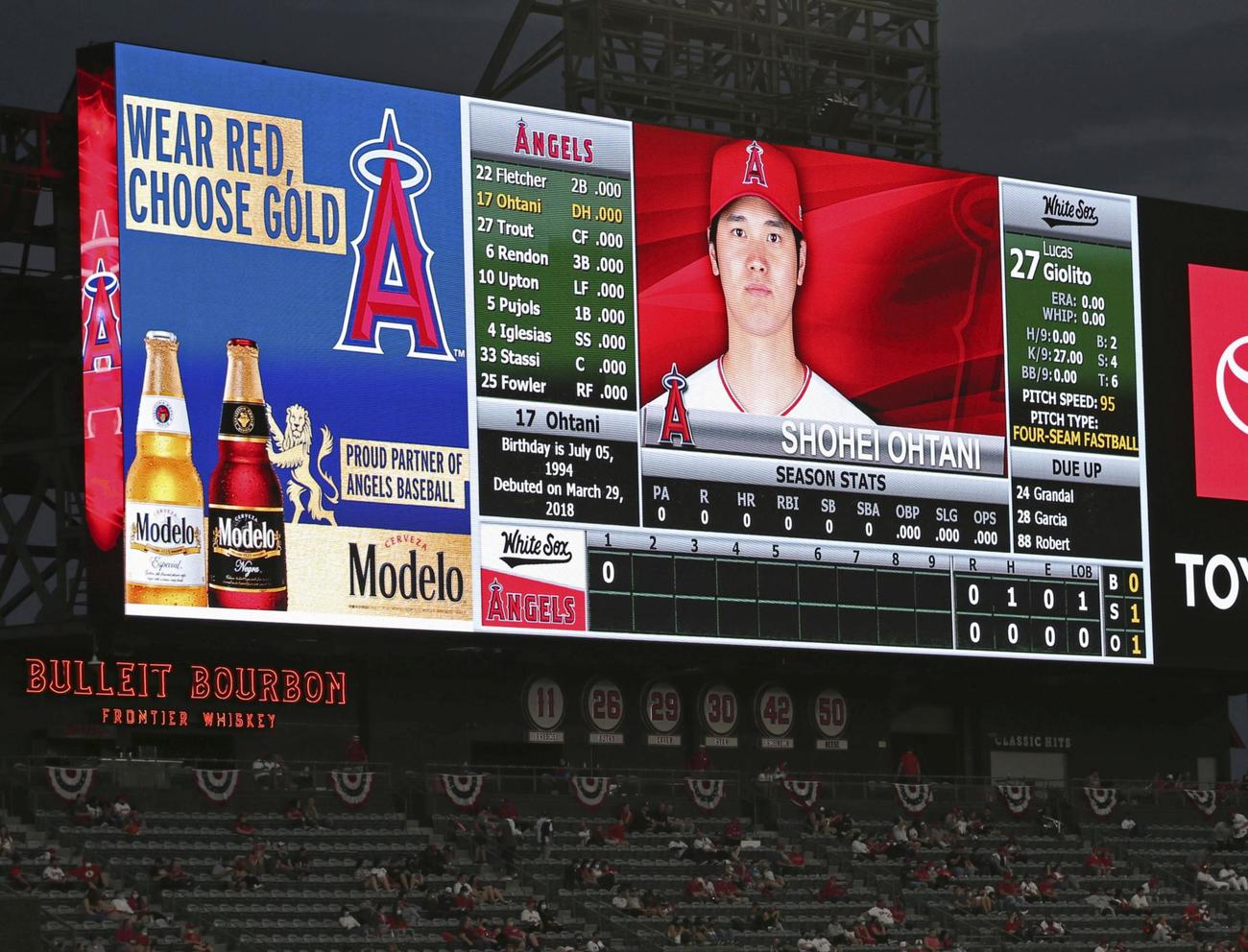 ホワイトソックスとの開幕戦で電光掲示板に映し出されたエンゼルス大谷。「2番指名打者」で先発出場した（共同）