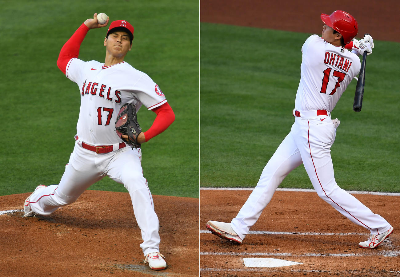 先発した投手大谷（左）と1回本塁打を放つ打者大谷（ロイター/USA TODAY）