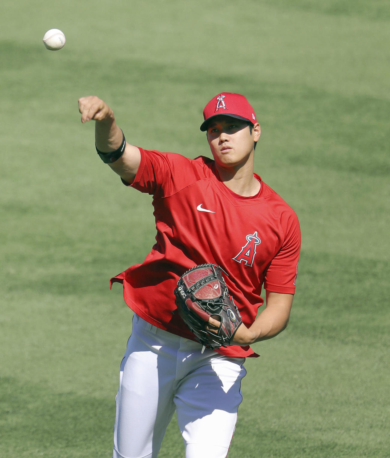 試合前にキャッチボールするエンゼルス大谷（共同）