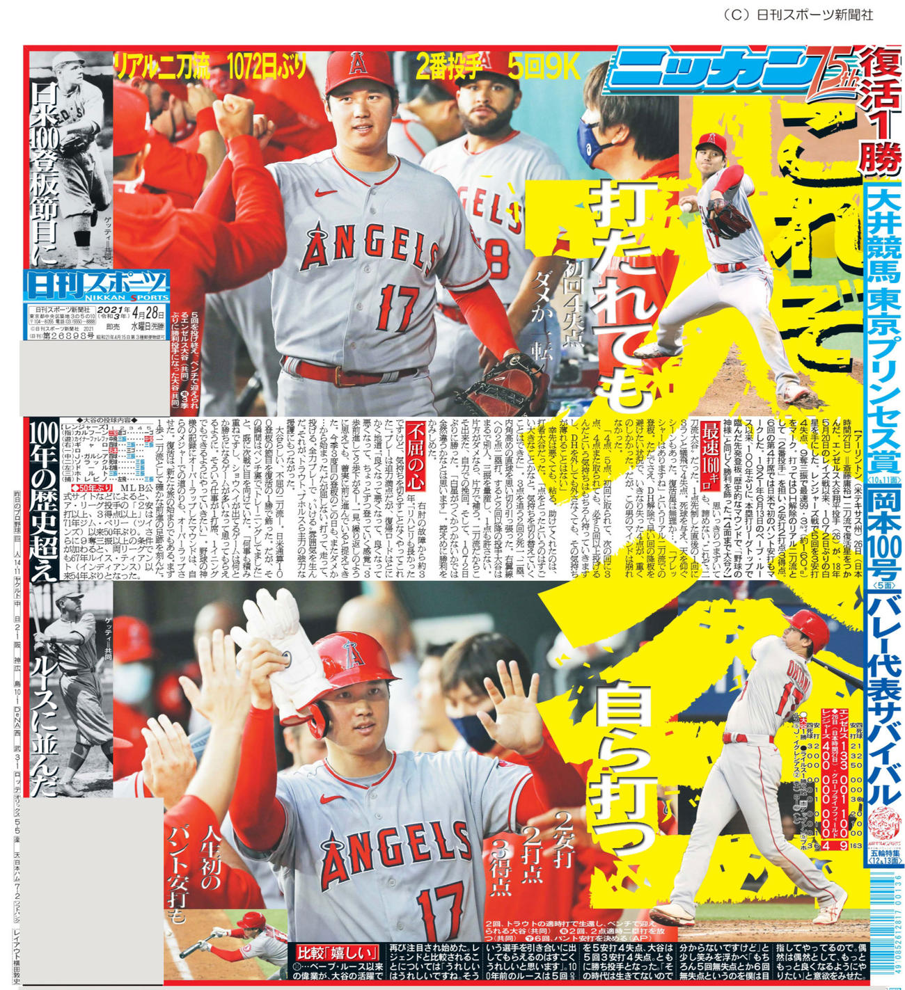 2021年4月28日付日刊スポーツ東京版１面