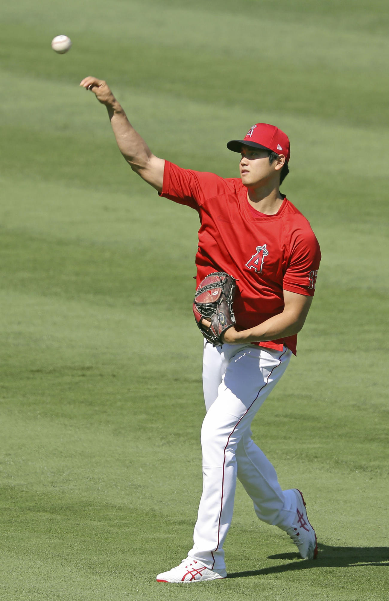 試合前にキャッチボールするエンゼルス大谷（共同）
