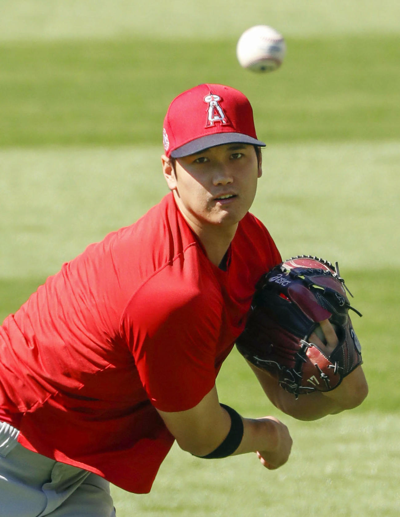 試合前、キャッチボールするエンゼルス大谷（共同）