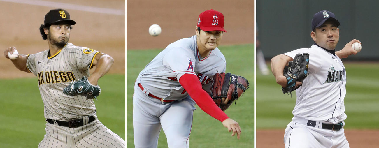 米大リーグ、オールスター戦に選出された（左から）パドレスのダルビッシュ有、エンゼルスの大谷翔平、マリナーズの菊池雄星（共同）