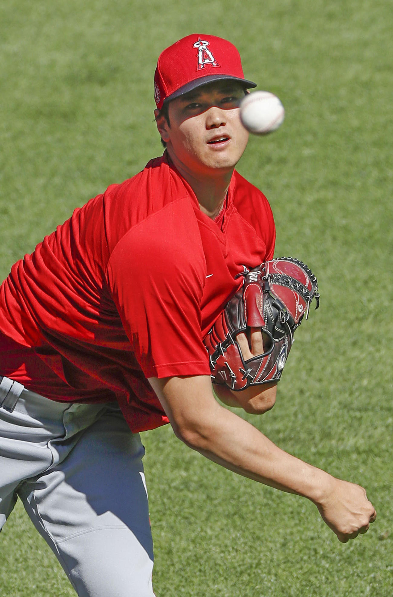 試合前、キャッチボールするエンゼルス・大谷＝シアトル（共同）