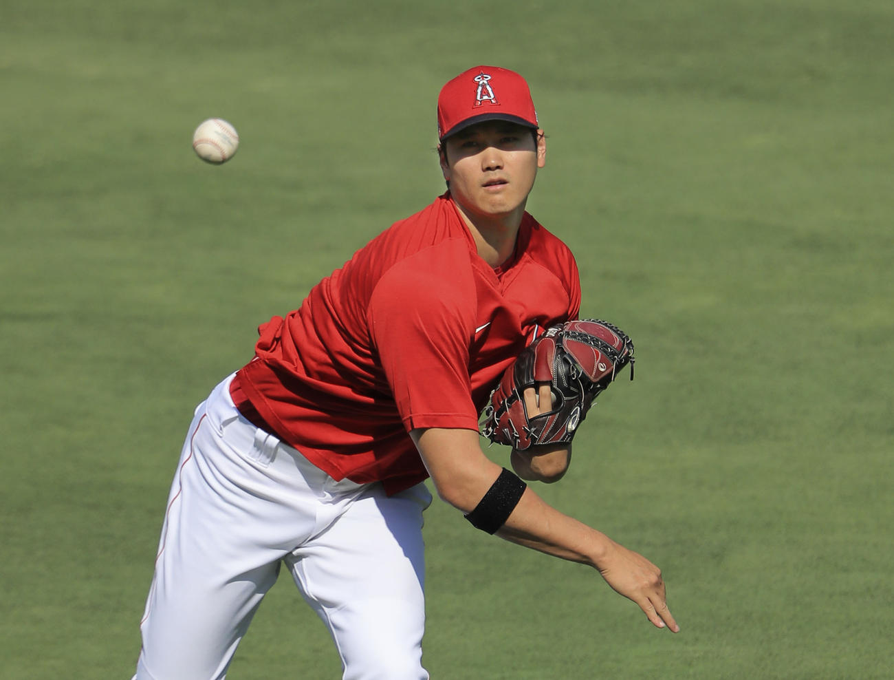 試合前にキャッチボールするエンゼルス・大谷＝アナハイム（共同）