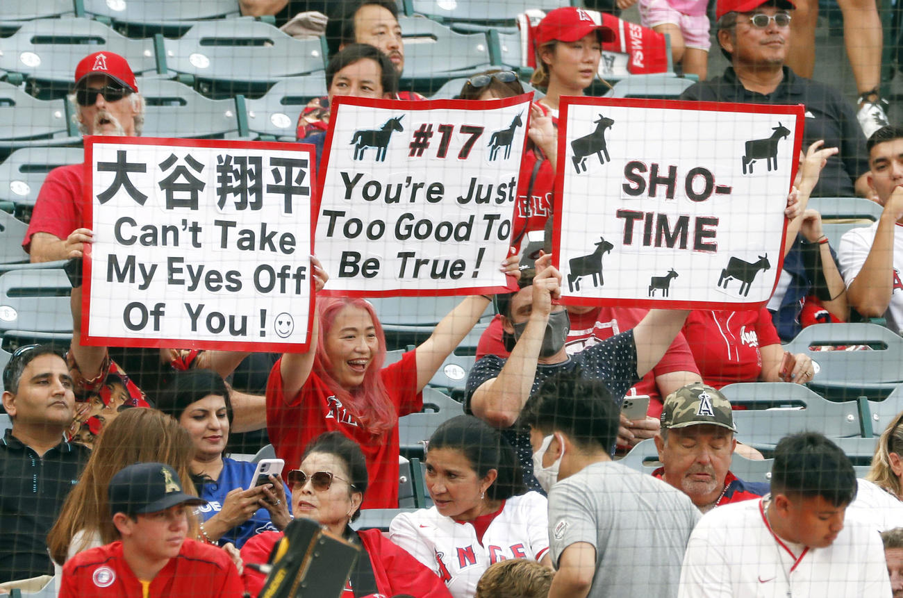 ブルージェイズ戦でエンゼルス・大谷を応援するファン＝アナハイム（共同）