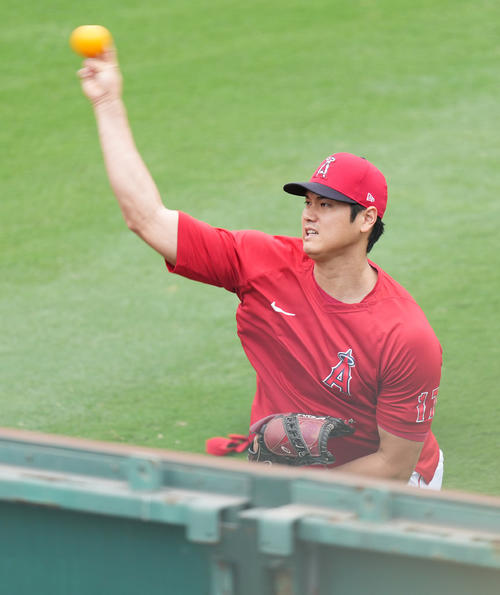 エンゼルス対ヤンキース　試合前、壁に向かって投げ込むエンゼルス大谷（撮影・菅敏）